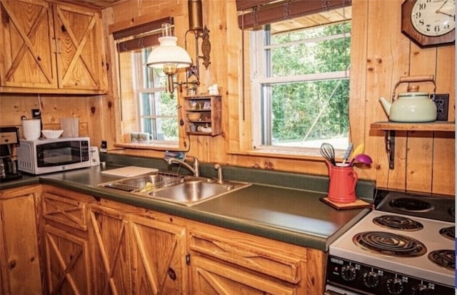 kitchen featuring white appliances, plenty of natural light, wooden walls, and sink