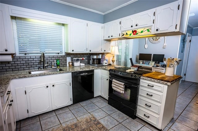 kitchen featuring sink, white cabinets, black appliances, and ornamental molding