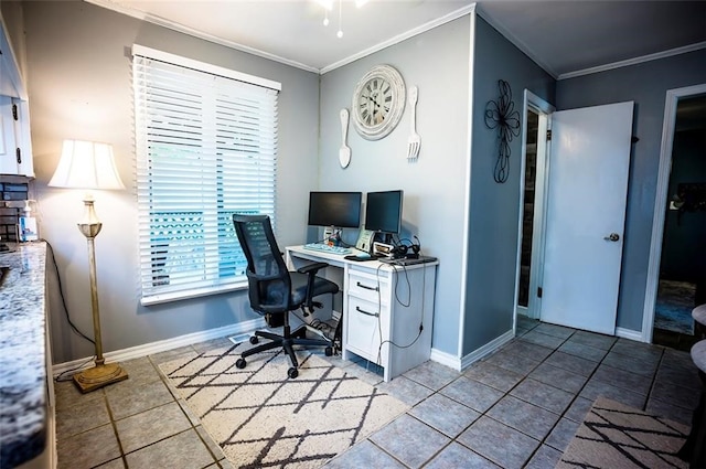 office space with light tile patterned flooring and ornamental molding