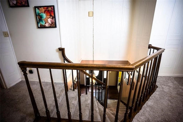 staircase featuring carpet flooring