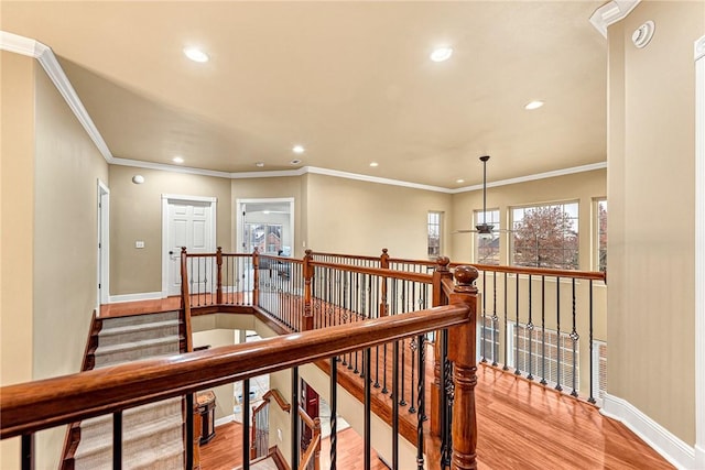 corridor featuring ornamental molding and light hardwood / wood-style flooring