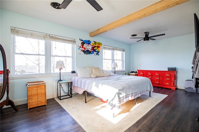 bedroom featuring beamed ceiling, ceiling fan, and dark hardwood / wood-style flooring