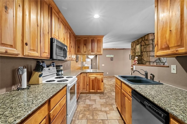 15258 Shipe Rd, Gravette, AR 72736 - kitchen featuring stainless steel appliances, a sink, light stone counters, and stone finish floors