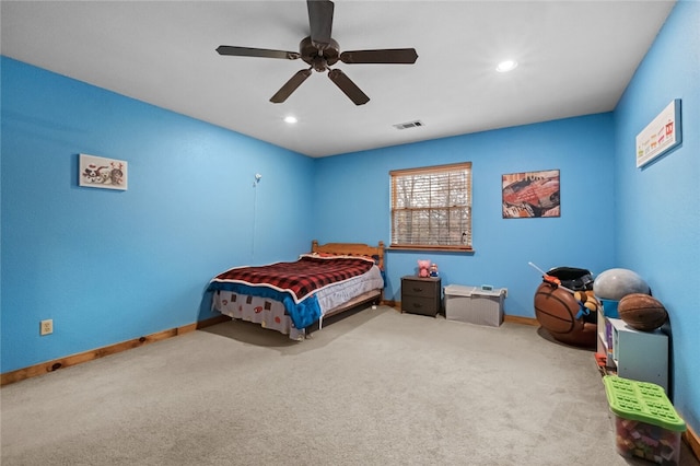 carpeted bedroom featuring ceiling fan