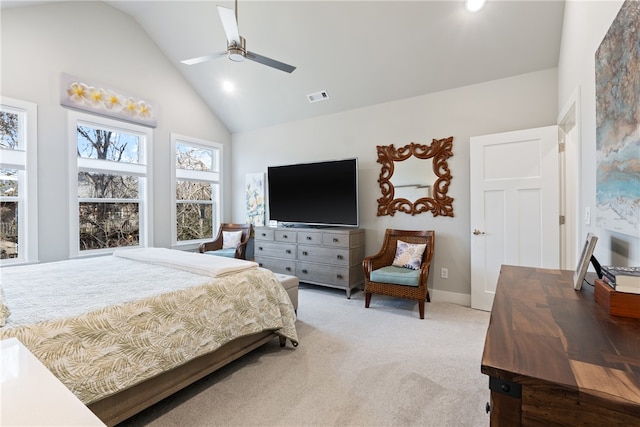 bedroom with light carpet, ceiling fan, and lofted ceiling