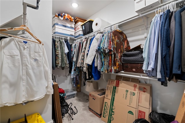 walk in closet with light colored carpet