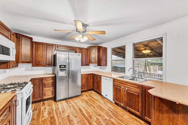 kitchen with light wood-type flooring, white appliances, ceiling fan, and sink