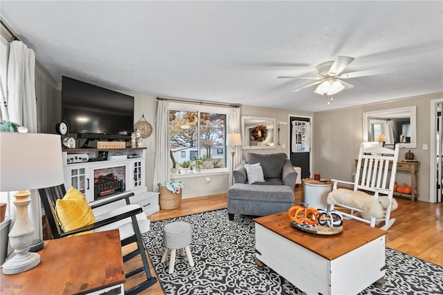 living room featuring ceiling fan, wood-type flooring, and a textured ceiling