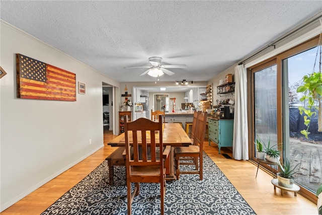 dining room featuring ceiling fan, a textured ceiling, and light wood-type flooring