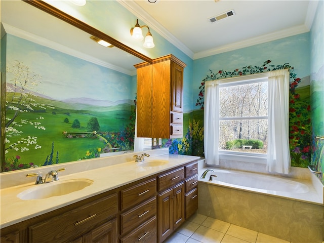 bathroom featuring tile patterned flooring, vanity, a bath, and crown molding