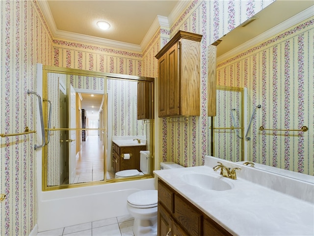 full bathroom featuring combined bath / shower with glass door, ornamental molding, vanity, tile patterned flooring, and toilet