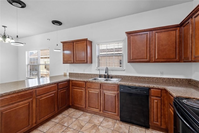 kitchen with a wealth of natural light, sink, black appliances, and an inviting chandelier