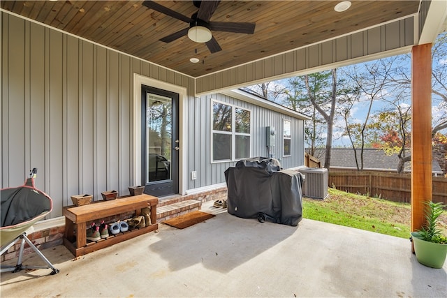 view of patio / terrace featuring central AC unit and ceiling fan