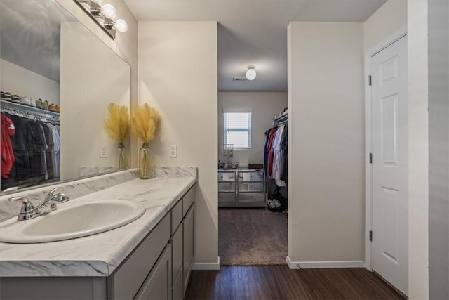 bathroom with wood-type flooring and vanity