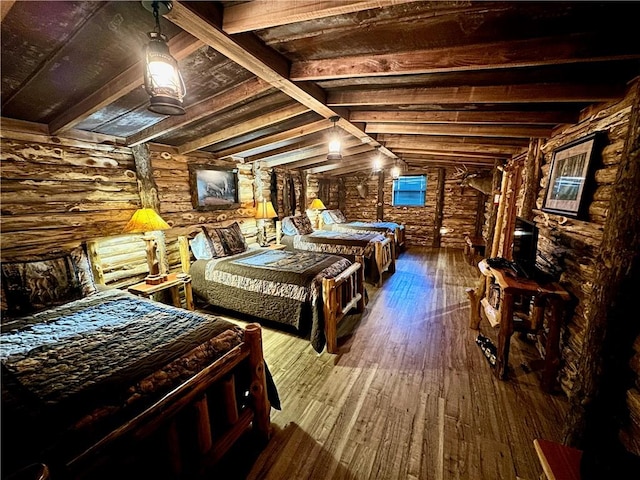 bedroom featuring wooden ceiling, log walls, lofted ceiling with beams, and hardwood / wood-style flooring