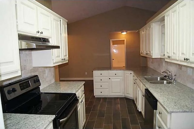 kitchen featuring white cabinets, stainless steel dishwasher, sink, and black electric range