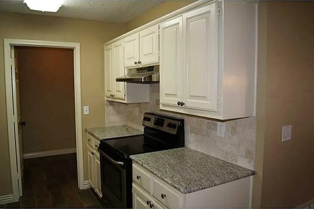 kitchen with white cabinetry, black range with electric stovetop, tasteful backsplash, and light stone counters