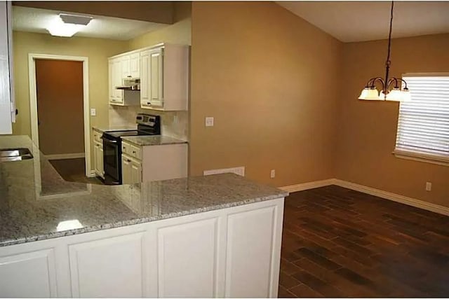 kitchen featuring light stone countertops, dark wood-type flooring, decorative light fixtures, stainless steel electric range, and white cabinets