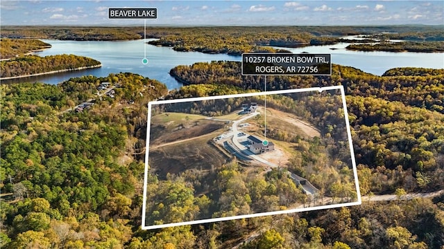 birds eye view of property with a view of trees and a water view