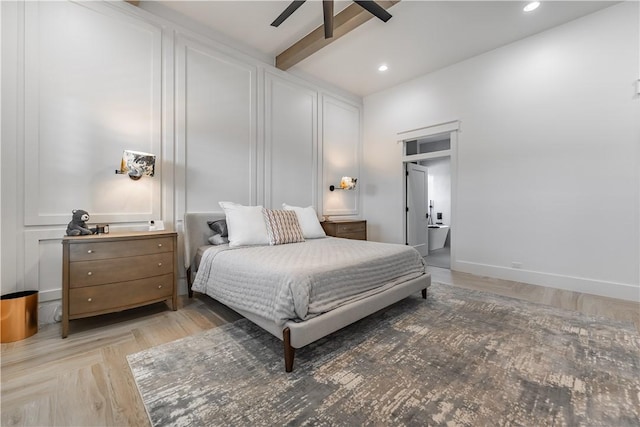 bedroom featuring beamed ceiling, recessed lighting, baseboards, and ceiling fan