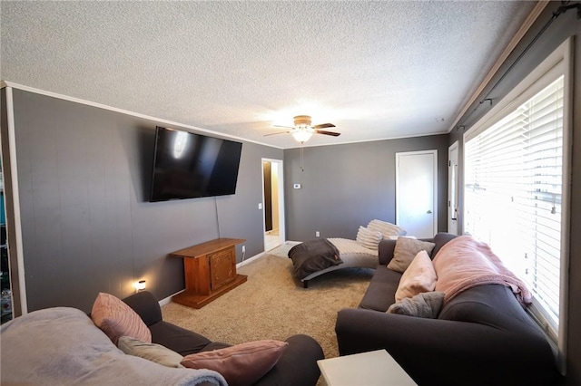 living room with ceiling fan, carpet floors, a textured ceiling, and ornamental molding