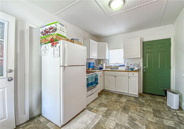 kitchen with crown molding, sink, white cabinets, and white appliances
