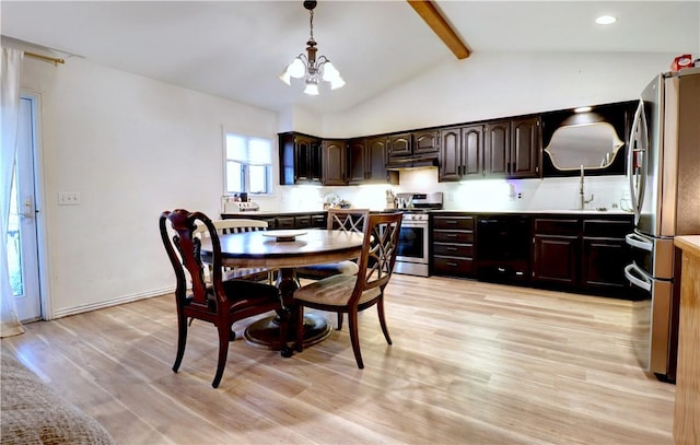 dining room with recessed lighting, a notable chandelier, light wood-style flooring, and vaulted ceiling with beams