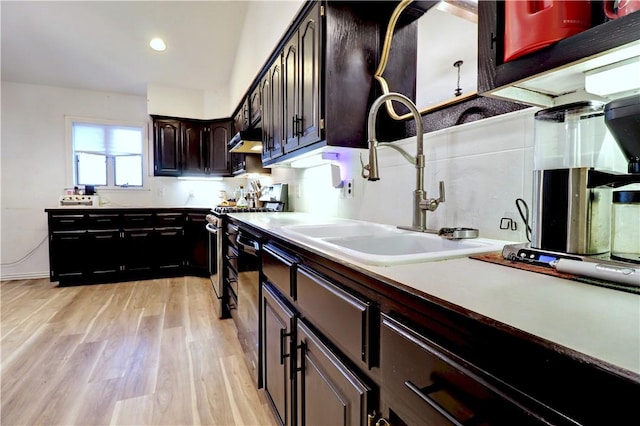 kitchen with dark brown cabinetry, sink, black dishwasher, light hardwood / wood-style flooring, and range hood