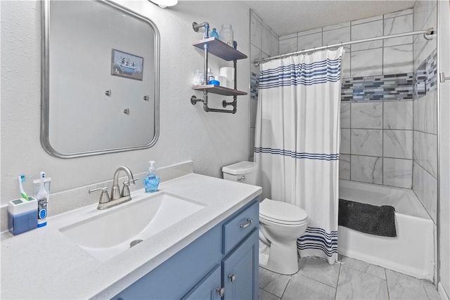 bathroom with shower / bath combo with shower curtain, toilet, and vanity