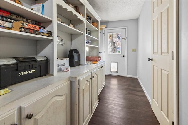 interior space featuring dark wood-type flooring, baseboards, a textured ceiling, and cabinet space