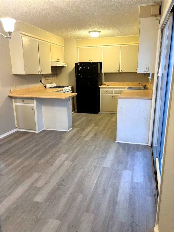 kitchen featuring light hardwood / wood-style flooring, kitchen peninsula, and black fridge