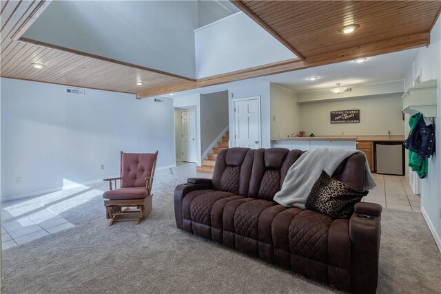 living room featuring wooden ceiling and light tile patterned floors