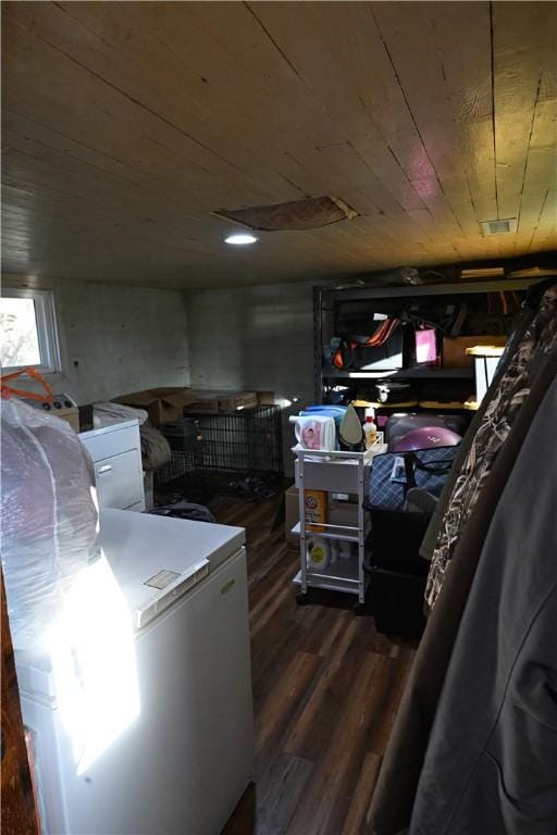 basement featuring dark hardwood / wood-style floors, white refrigerator, and wooden ceiling