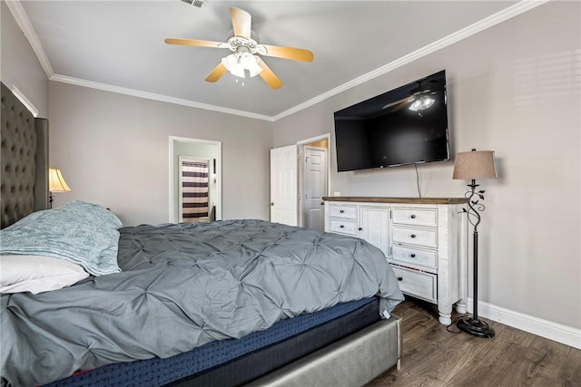 bedroom with ceiling fan, ornamental molding, and dark wood-type flooring