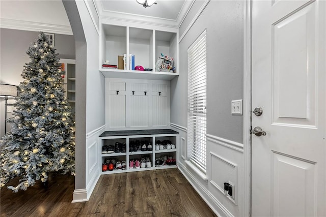 1007 N Quail Ter, Rogers, AR 72756 - mudroom with crown molding, dark wood-style floors, arched walkways, and a decorative wall