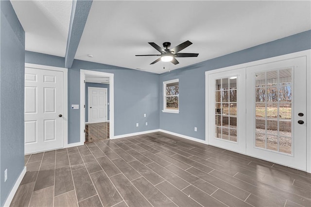 unfurnished room featuring dark hardwood / wood-style floors and ceiling fan