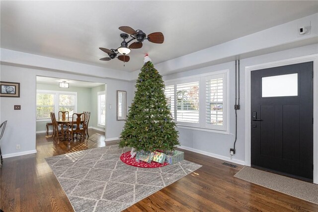 entrance foyer with dark hardwood / wood-style floors and ceiling fan