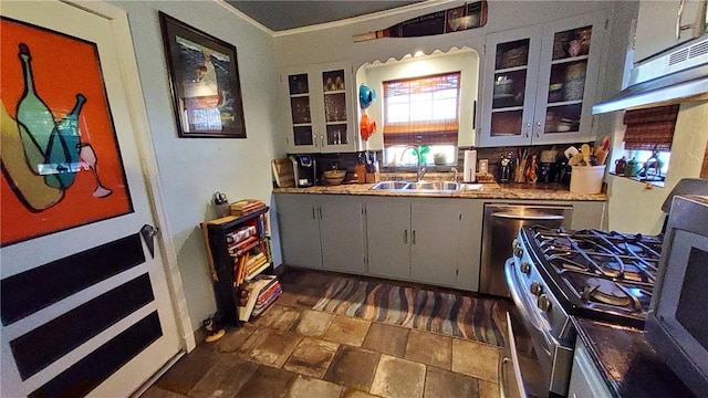 kitchen with sink, stainless steel appliances, extractor fan, and ornamental molding