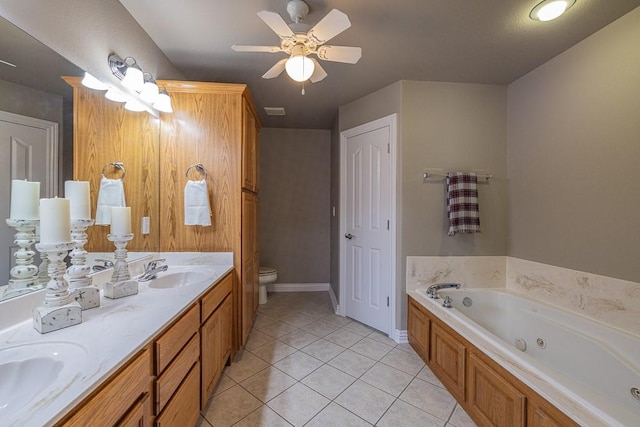 bathroom featuring a washtub, vanity, ceiling fan, tile patterned flooring, and toilet