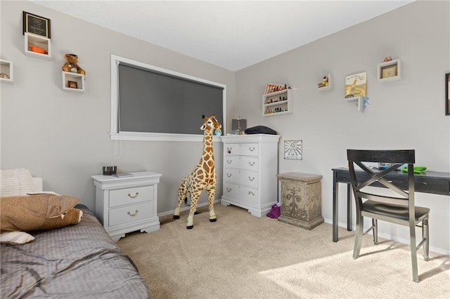 bedroom featuring light colored carpet