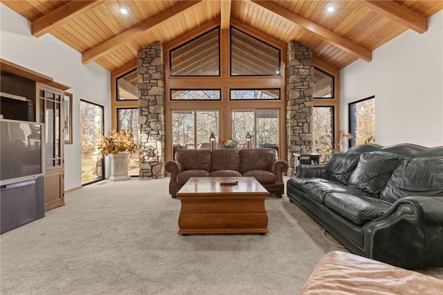 living room featuring carpet floors, high vaulted ceiling, and wood ceiling