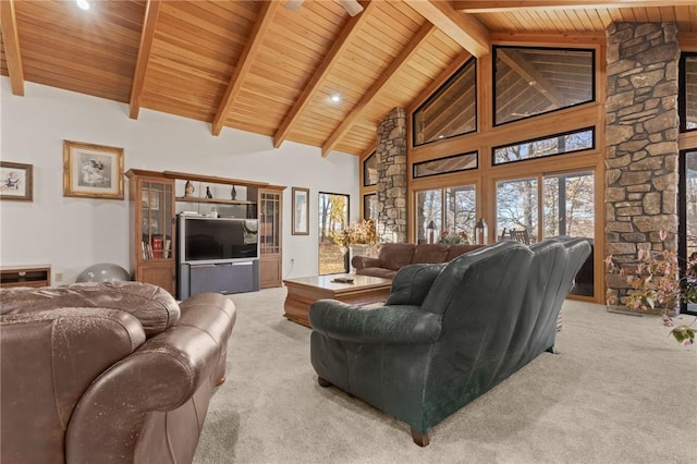 carpeted living room with beam ceiling, high vaulted ceiling, and wood ceiling