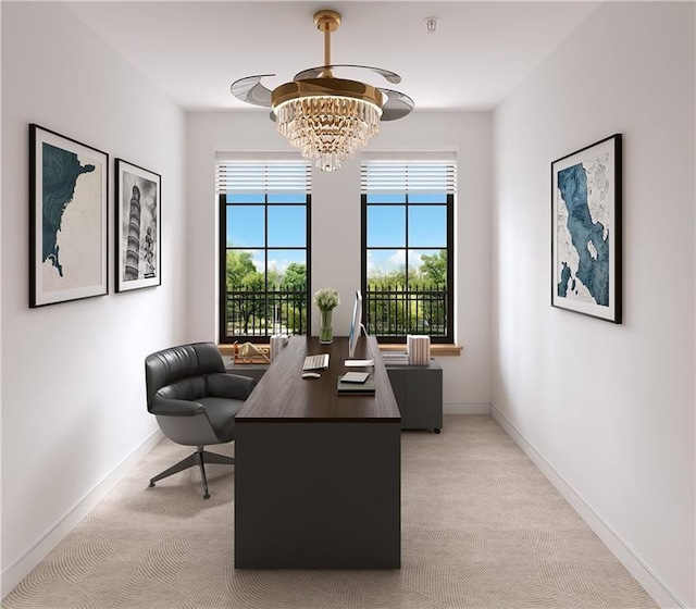 carpeted home office with an inviting chandelier