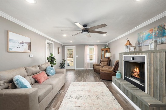 living room featuring ceiling fan, dark hardwood / wood-style flooring, and crown molding