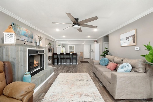 living room featuring a tiled fireplace, crown molding, and dark hardwood / wood-style flooring