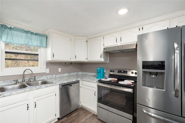 kitchen featuring white cabinets, appliances with stainless steel finishes, dark hardwood / wood-style flooring, and sink