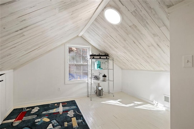 bonus room with wooden ceiling, wood-type flooring, and lofted ceiling