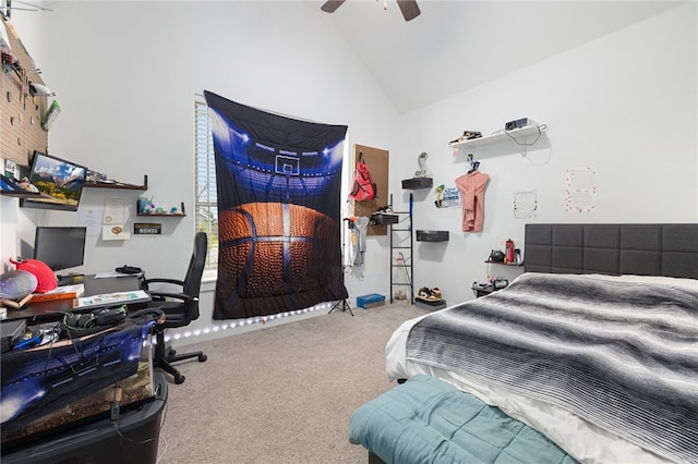 bedroom with ceiling fan, carpet floors, and lofted ceiling