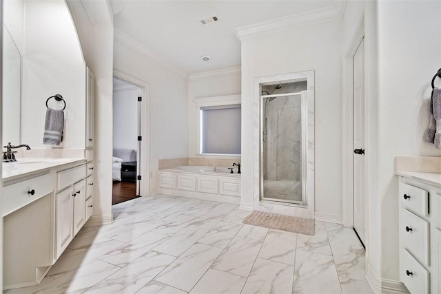 bathroom with vanity, plus walk in shower, and ornamental molding