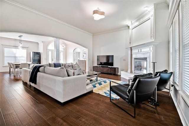 living room featuring dark hardwood / wood-style flooring and ornamental molding